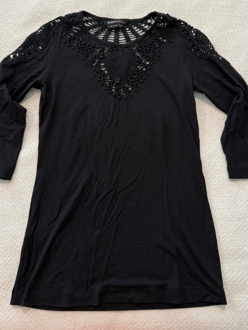 BCBGMaxAzria Black Crochet Yoke 3/4 Sleeve Shirt